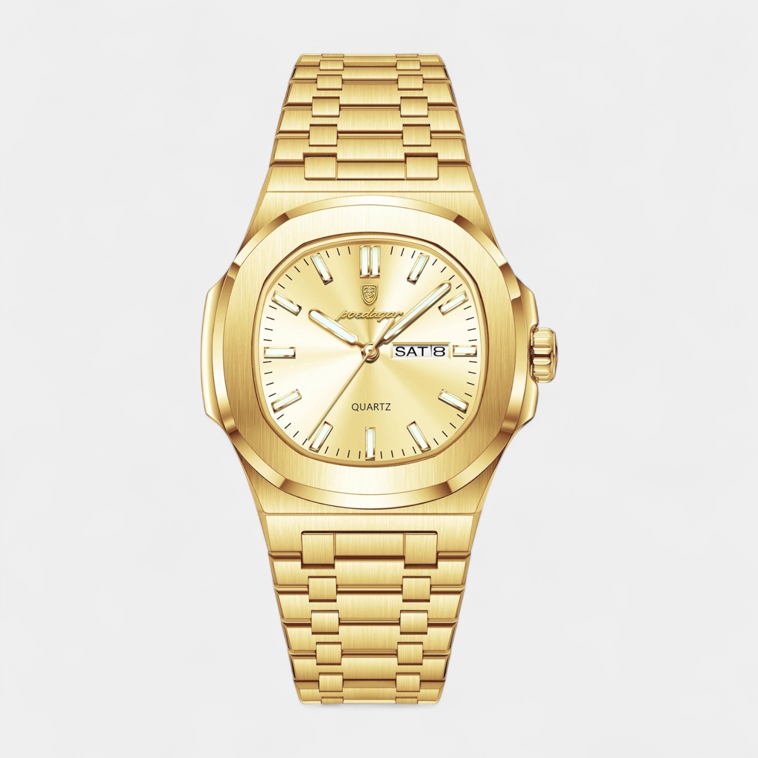 Men’s Stainless Steel Integrated Bracelet Quartz Watch with Day‑Date Display
