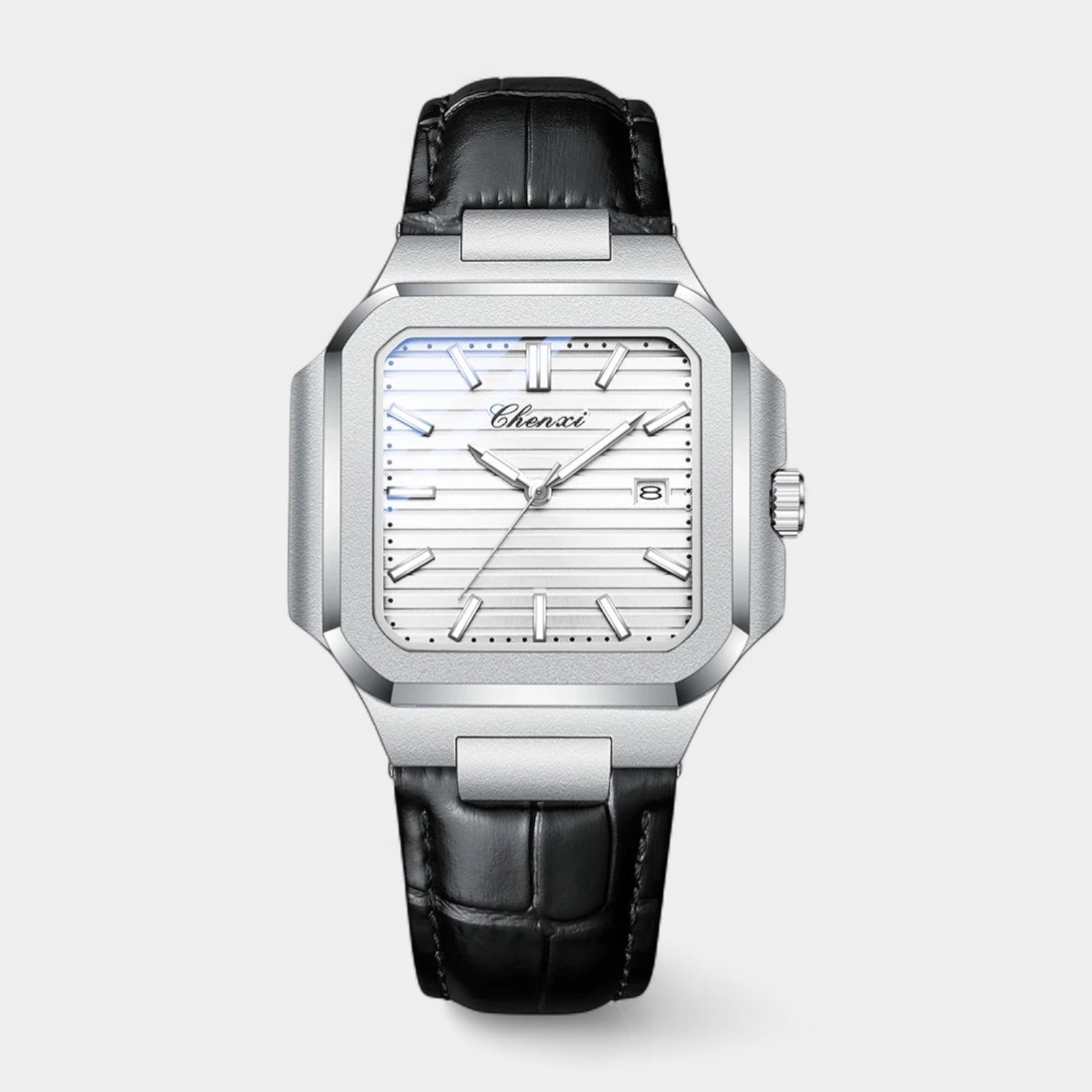 Men’s Square Stainless Steel Leather Strap Quartz Watch
