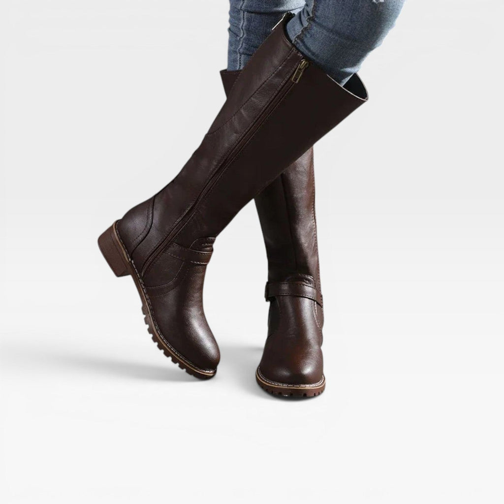 Women's Knee-High Leather Boots with Buckle Strap