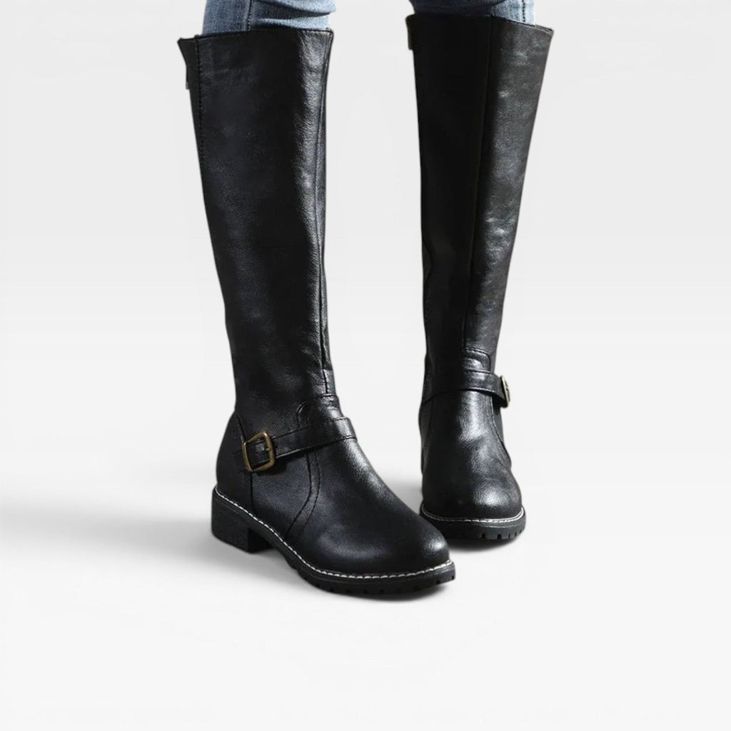 Women's Knee-High Leather Boots with Buckle Strap