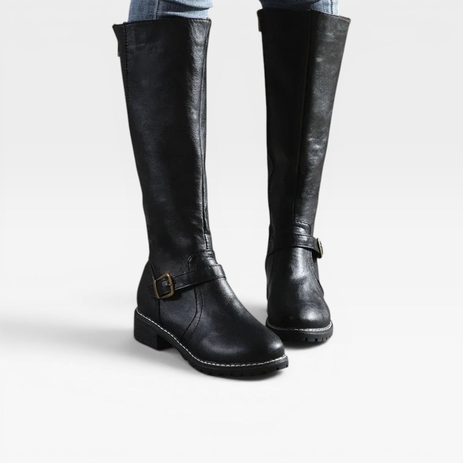 Women's Knee-High Leather Boots with Buckle Strap