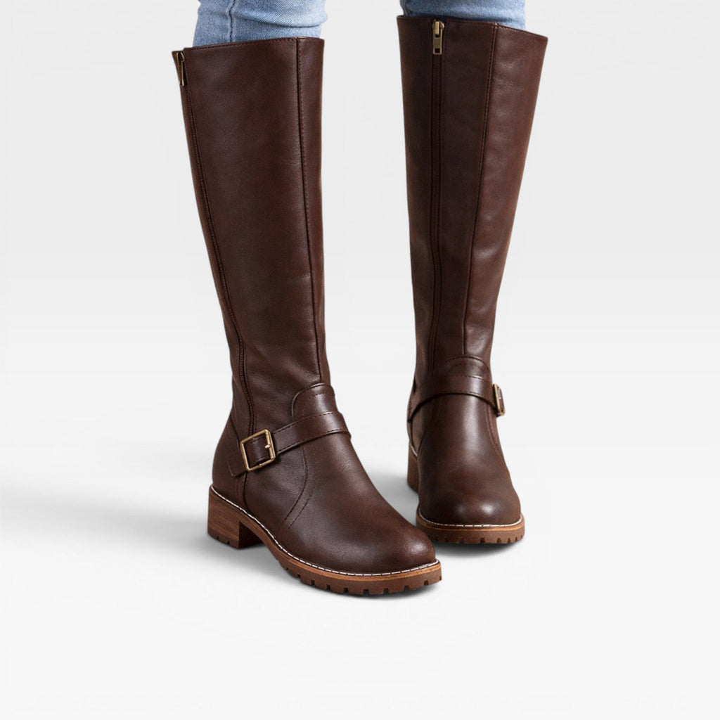 Women's Knee-High Leather Boots with Buckle Strap