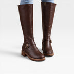 Women's Knee-High Leather Boots with Buckle Strap