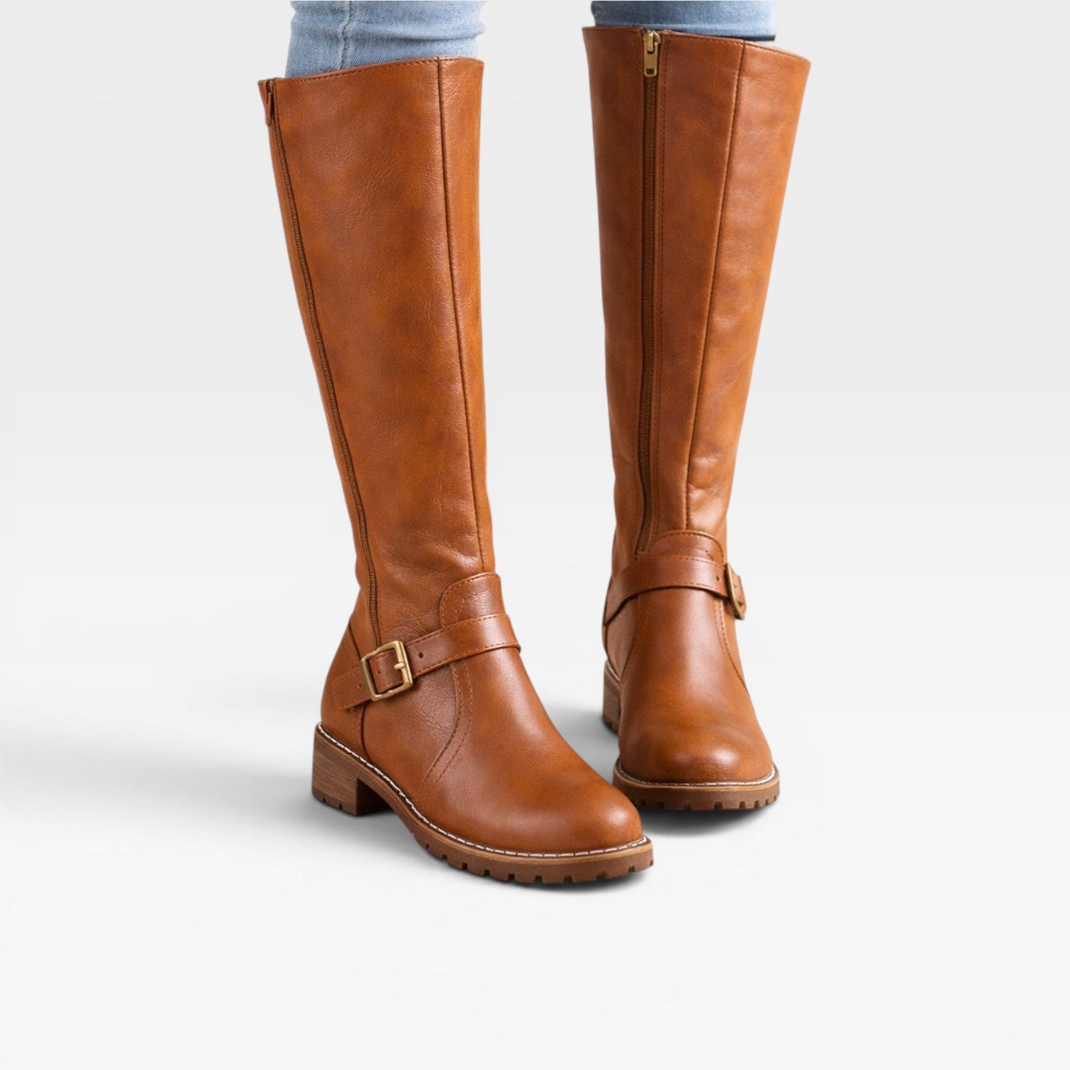 Women's Knee-High Leather Boots with Buckle Strap